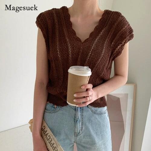 2021 Silk Vneck Plus Size Solid Color Shirt Fashion Women Summer Blouse Hollow Out Temperament Loose Sleeveless Tops Blusa 14384