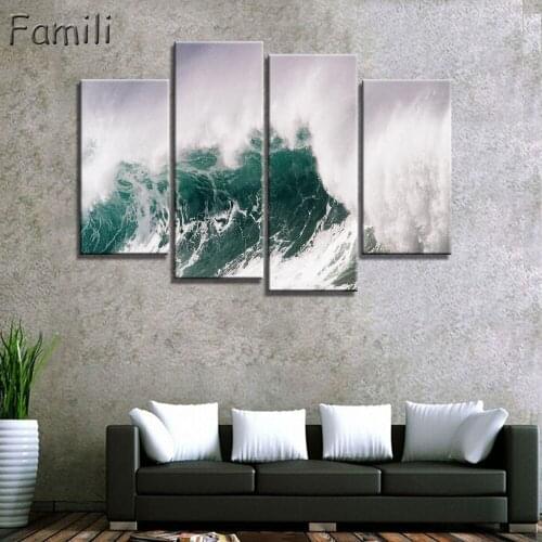 4Pieces Art Modern sea green blue beach Wave picture decoration canvas painting wall picture for living room home decor unframed