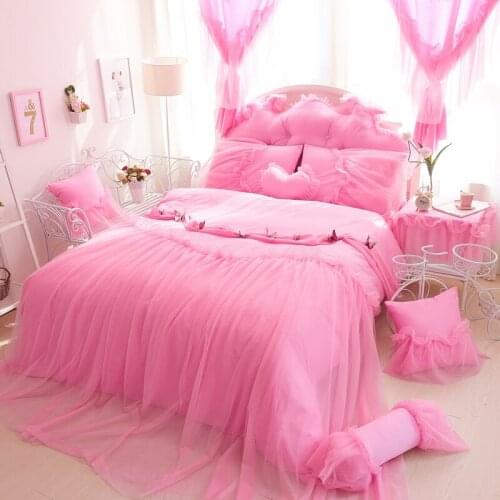 7pcs Princess bedclothes 100% cotton bedding set bed skirt lace style wedding bed set duvet cover set king queen full size