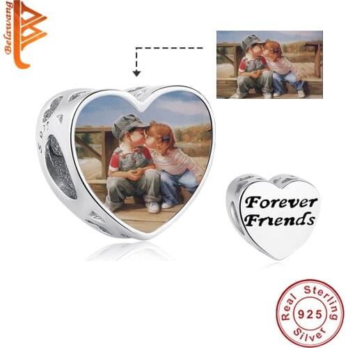 BELAWANG Wholesale Forever Friend Beads 925 Sterling Silver Custom Photo Heart Charms Fit Original Bracelets Women DIY Jewelry