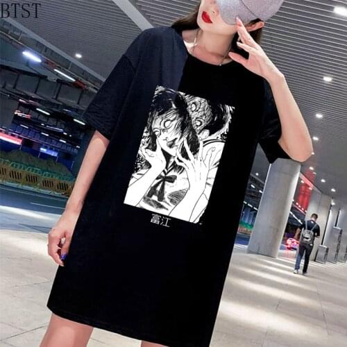 Junji Ito Print Dress Summer Casual Summer Vintage 0 Neck Women Harajuku short Sleeve Dress Female Streetwear Dress