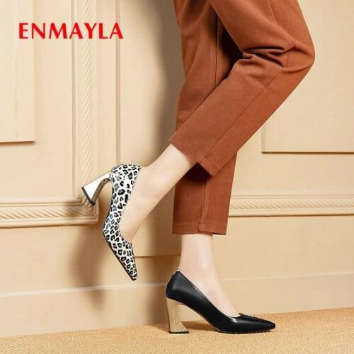 ENMAYLA 2020 Slip-On Pointed Toe Wedding Women High Heels Sexy Leopard Print Women Shoes Square Heel Genuine Leather Pumps 34-40