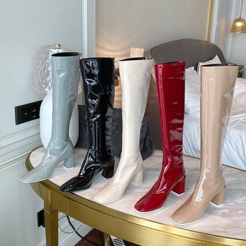 Patent Leather Knee High Heels Square Toe Back Zipper Bling Shoes British Style Chelsea Booties Red Shoes Winter Boots Woman