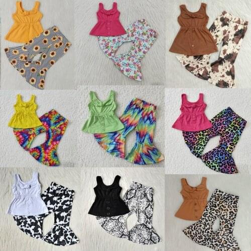 Fashion Casual Bell Pants Set Baby Girl Seasons Matching Clothing Fashion Fashion Print Bell Pants Solid Color Top