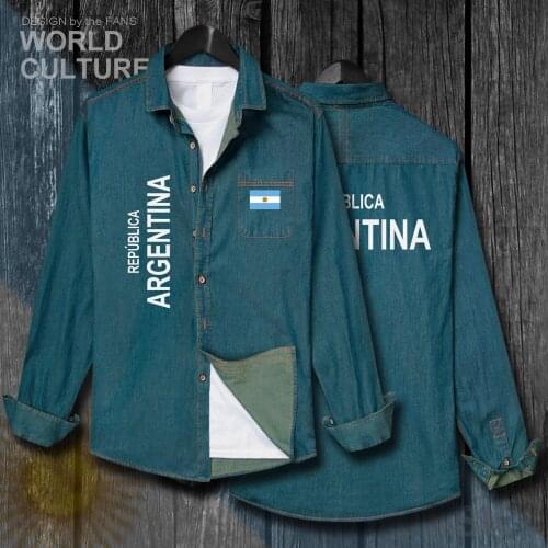 Argentina Argentine AR Nation Men Flags Clothes Autumn Cotton Turn-down Collar Jeans Shirt Long Sleeve Cowboy Coat Fashion Tops