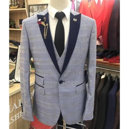 2020 Latest Grey Plaid Men Suits 3 Pieces Slim Fit Groom Wedding Suits Man Business Blazer Dress Tuxedo Jacket Pants Vest Set
