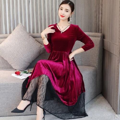 Autumn Winter Casual Solid Gold Velvet Midi Dress 2021 Vintage 3XL Plus Size Lace Sexy Dress Elegant Women Bodycon Party Vestido