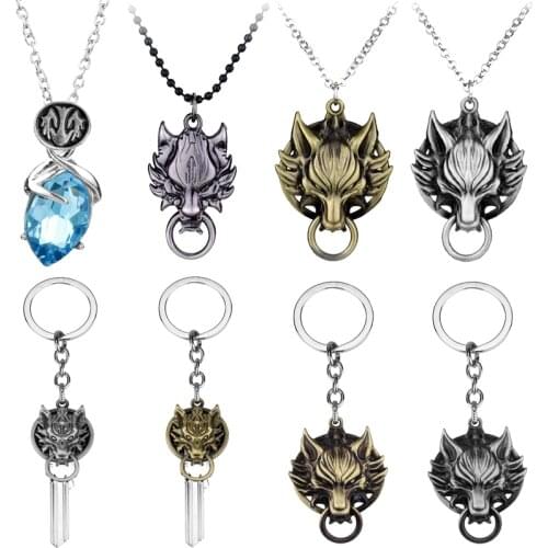 Wolf Head Pendant Necklace Game Final-Fantasy Theme Choker Necklace Jewelry Lion Head YUNA Blue Dia-mond Cosplay Gifts for Fans