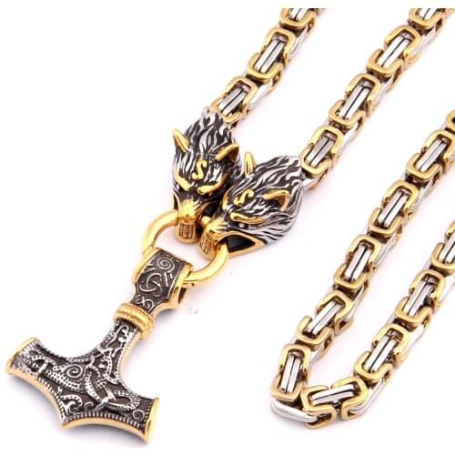 316L stainless steel never fade Viking wolf head Bamboo chain necklace with mix gold thors hammer pendant necklace