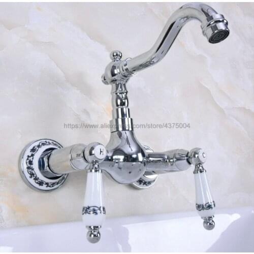 Polished Chrome Bathroom Basin Faucet Wall Mounted Double Handle Swivel Spout Hot and Cold Mixer Faucet Nnf962