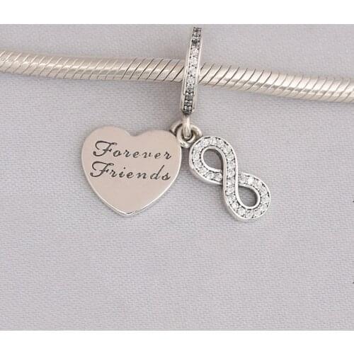 S925 Silver Pendant DIY Jewelry Forever Friends Dangle Charm fit Lady Bracelet Bangle Girl Gift Clear CZ