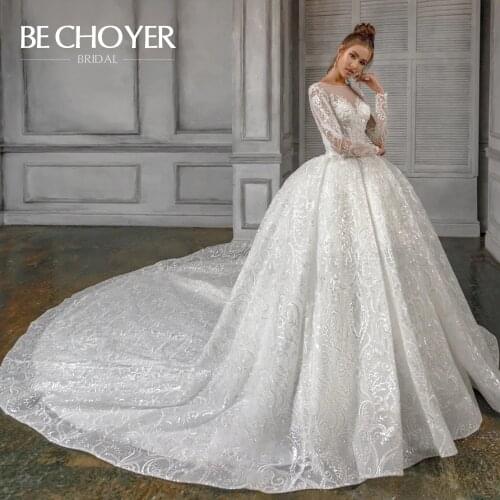 Wedding Dress Long Sleeve Ball Gown 2021 Beaded Appliques Chapel Train BECHOYER N202 Luxury Princess Bride Gown Vestido De Noiva