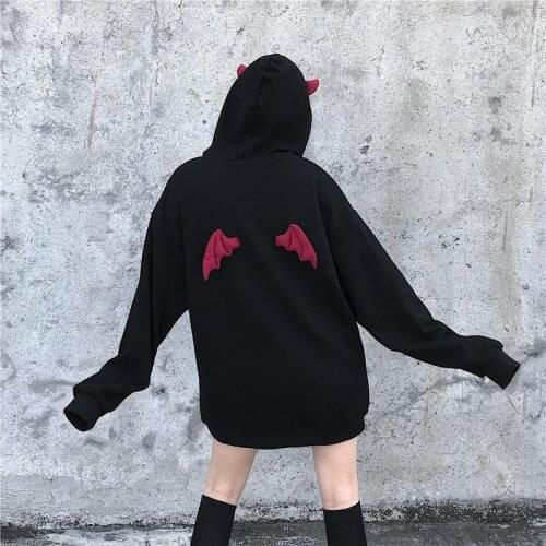Autumn and winter Diablo little devil Wing letter embroidered top loose Plush Hoodie womens sweater