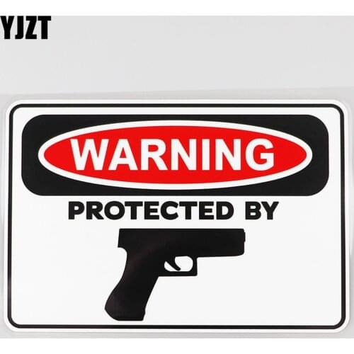 YJZT 16.1CM×10.7CM Protected By Hand Gun Decal Warning PVC Car Sticker 12C-0034