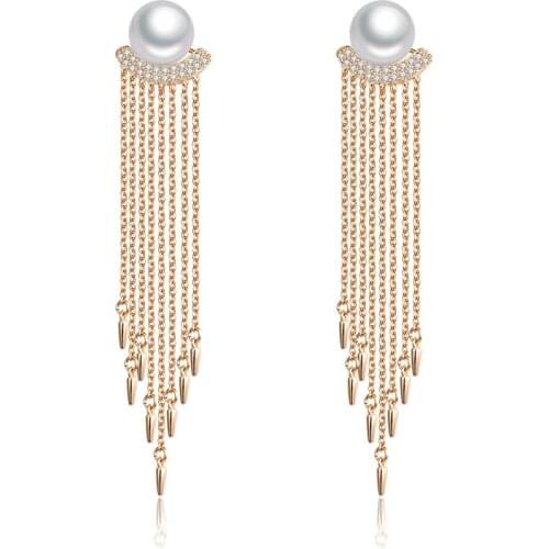Luxury Natural Pearl Long Earrings for Women Gold Tassel Chain Earrings with Pearl Zirconia Party Jewelry Gifts for Girls