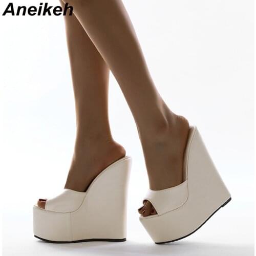 Aneikeh Womens Shoes 2021 Summer Solid Ultra High Modern Slippers PU Peep Toe Slides Platform Sexy Fashion Concise Party Rome