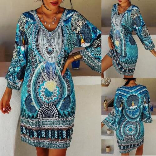 Autumn Women Dress 2021 Print Color Full Sleeve Sexy V-Neck Bohemian Beach Style Indie Folk Casual Spring Female Vestido C2911