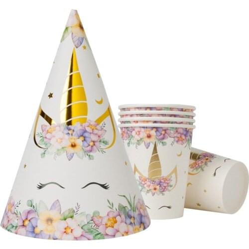10pcs/lot Unicorn Party Disposable Tableware Bronzing Flower Unicorn Plate Cup Pennant Birthday Unicornio Party Supplies DGU34