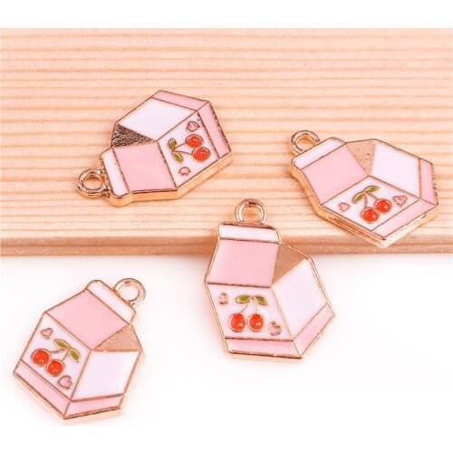 10Pcs Cute Enamel Pink Cherry Milk Charms Carton Cheese Bottle Pendant Women Earrings Bracelet DIY Jewelry Accessories