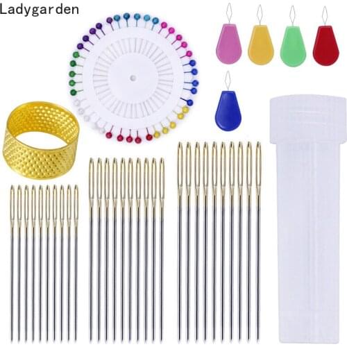 38PCS Embroidery Fabric Cross Stitch Needles 22-26# Pearl Needle Sewing Straight Pins Golden Thimble Needle Threader with Bottle