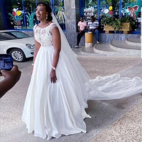 Applique Lace Cap Sleeve Wedding Dress Backless O Neck 2021 African Long A Line Beaded Bridal Dresses Plus Size Vestido De Novia