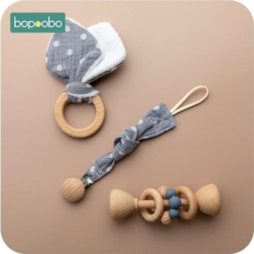 Bopoobo 1Set Beech Wood Baby Teether Necklace Round Wooden Beads Pendant For Nursing Pacifier Chain Clips Baby Products