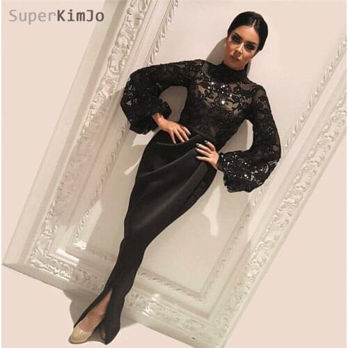 SuperKimJo Black Evening Dresses Long 2019 Mermaid Sequin Applique Arabic Style Evening Gown Formal Dress Vestido De Festa