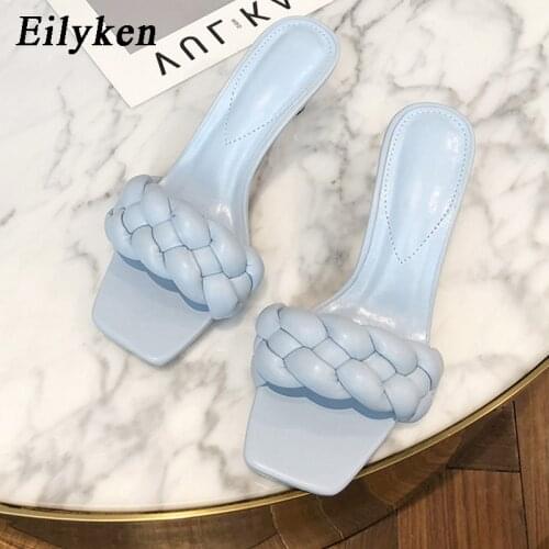 Eilyken High Quality Weave PU Leather Fashion Square Toe Slippers Women Slides Stiletto Heel Summer Outdoor Ladies Casual Shoes