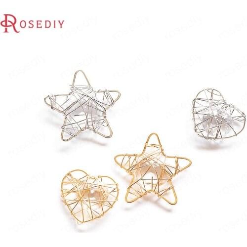 F487)10 pieces 24K Gold Color Brass and Zircon Around Metal Wire Heart and Star Shape Charms Pendants Earrings Accessories