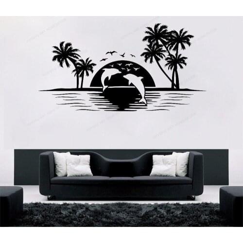Art Design Dolphins Sunset Wall Sticker Home Decoration Vinyl Animals Birds Home Decor Landscape DecalHJ202