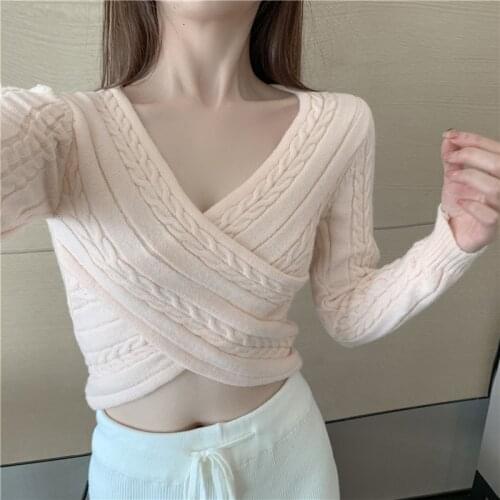 JMPRS Cross Women Pullover Cropped Sweater Autumn Fashion V Neck Long Sleeve Solid Ladies Jumper Casual Korean Slim Knit Tops