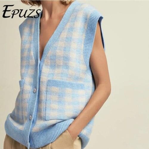 2021 Spring ZA Women Vest Sweater Fashion Slim Sleeveless Oversize Plaid Cardigan Sweater Elegant V-Neck Pocket Chic Top EPUZS