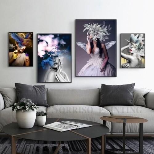 Modern Girls With Flowers On Head Canvas Painting Nordic Hallway Wall Art Posters Prints Pictures Living Room Home Dining Decor