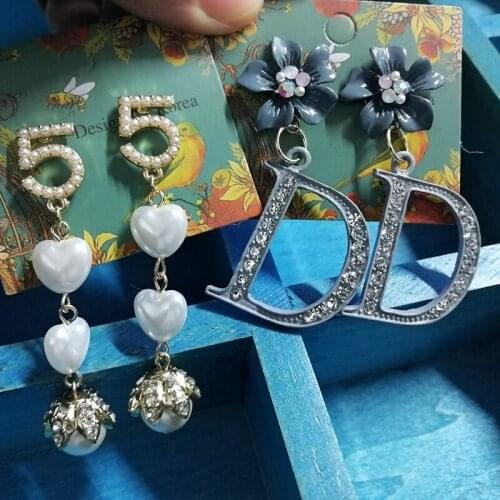 Korean women big D letter FIVE pearl stud earring for women