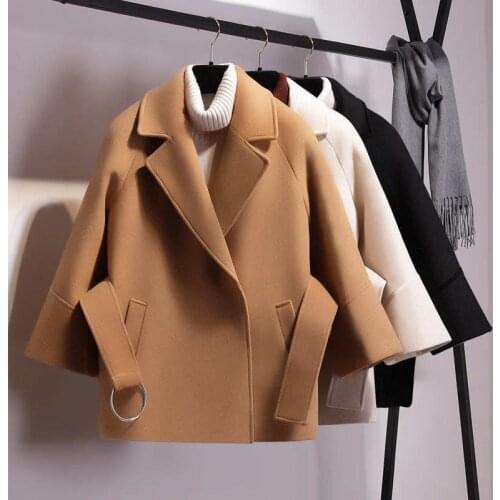 Khaki Blends Coats Autumn Winter Warm Casual Outwear Office Lady Solid Colors Big Sashes Pockets Lapel Jackets Overcoats Cloaks