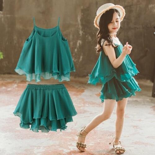 Girls Summer Clothes Green Outfits Teen Girl Strap Vest Tops +Shorts 2 Pcs Clothing Set 6 8 10 12 Year SummerChiffonClothing Set
