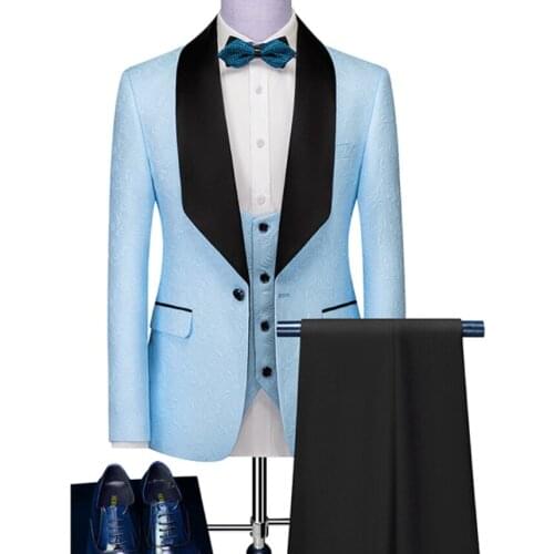 Men Suits Light Blue Pattern and Black Groom Tuxedos Shawl Satin Lapel Groomsmen Wedding Best Man ( Jacket+Pants+Vest+Tie ) D23