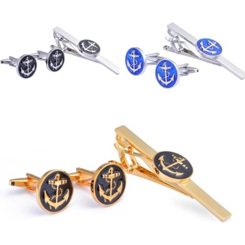 5sets/lot Classic Gold Ship Anchor Cufflinks Tie Clip Set Cuff Links&Tie Clip Pin Bar Set Copper Enamel Mens Jewelry