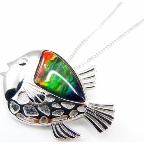 100% Pure 925 Sterling Silver Ammolite Sea Fish Pendant Necklace Natural Multi Color MOP Pendant Necklace For Women