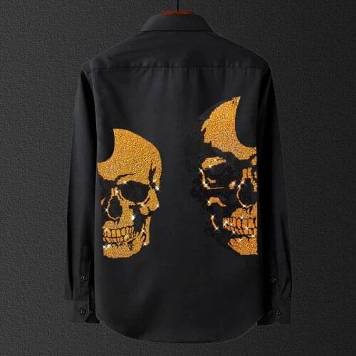 Spring Is Suitable For Mens Shirt Dresses High Quality Long-Sleeved Skulls Hot Drilling Design Casual Black Autumn Male Blouse