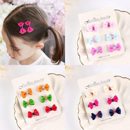 6pcs/set Mini Solid Color Bow Hair Clips+Little Girl Boutique Bowknot Elastic Hair Bands For Kids Baby Hair Accessories