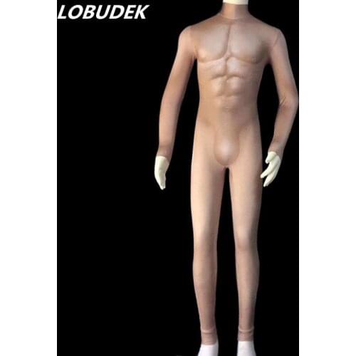 Sexy Men False Muscle Printed Skinny Jumpsuit Nude Elastic Leotard Bar DJ Singer Pole Dance Acrobatic Performance Stage Costume