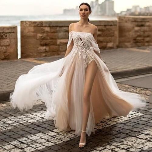 Eightree A-line Wedding Dresses Illusion Lace Appliques Wedding Gown High Split Backless Ruffle Beach Boho Bridal Dress