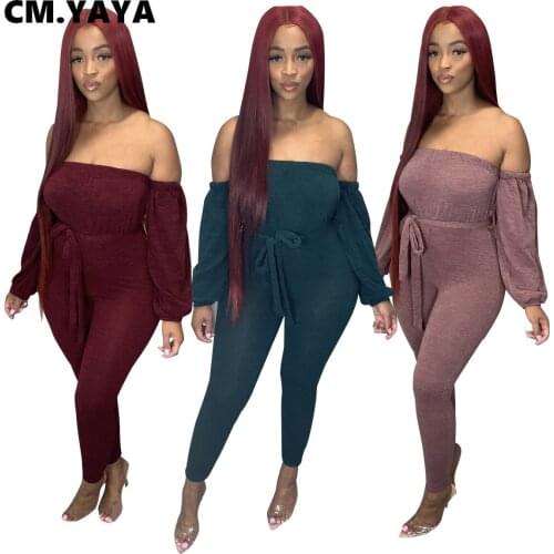 CM.YAYA Streetwear Off Shoulder Long Sleeve With Sashes Jumpsuit Women Active Bodycon Romper One Piece Overalls