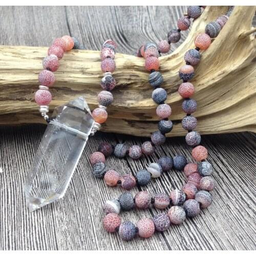 YA2619 Natural Clear Quartz Double Point Pendant Dragon Ven Agat 8mm Stone Beads Knot Necklace 30inch long