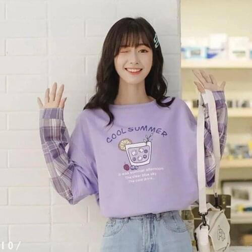Japanese Plaid Woman Tops Fake Two-piece O-neck Long-sleeved T-shirt Female Ins Thin Student Loose Purple Tees