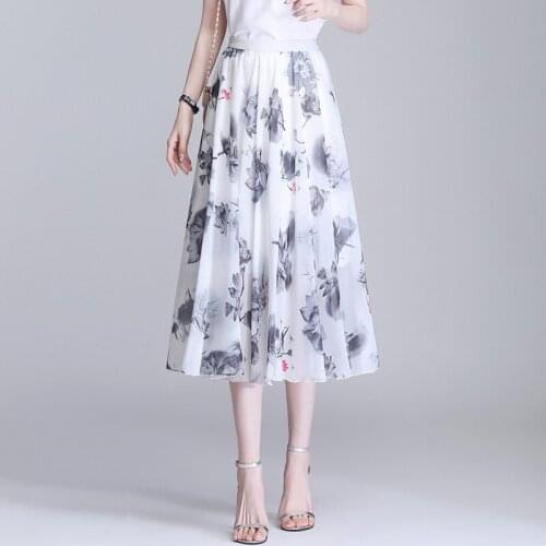 High Waist Big Swing A-line Print Long Skirts Women 2021 Summer Female Vintage Elegant Casual Loose Floral Pleated Skirt 1128