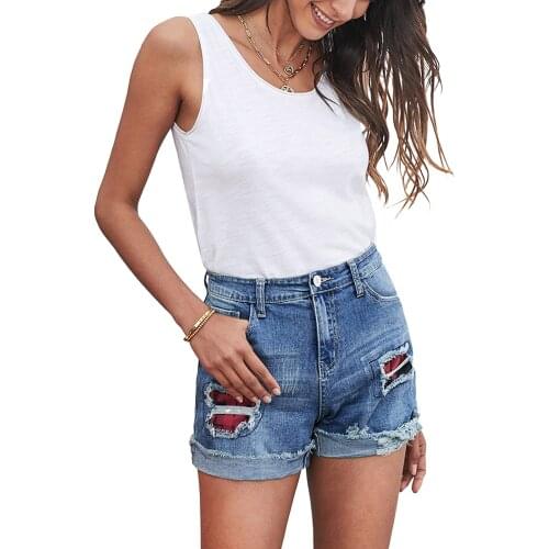 Women Summer Casual Patchwork Pants Ripped Stitching Button Open Frayed Denim Shorts with Pockets for Girls S-XXL 4 Colors