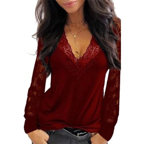 Womens Casual V-neck Lace Long Sleeve T-Shirt Spring Sexy Solid Color Black T-Shirt Office Ladies Top