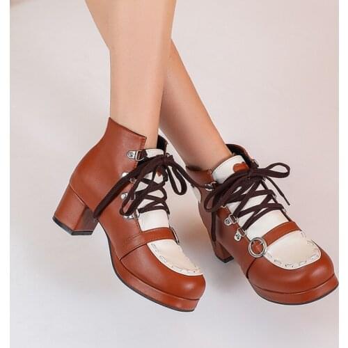 Sweet Womens Lolita Bowtie Lace Up Ankle Boots Block Heel Shoes Big SZ 34-48 Heart Match Colors